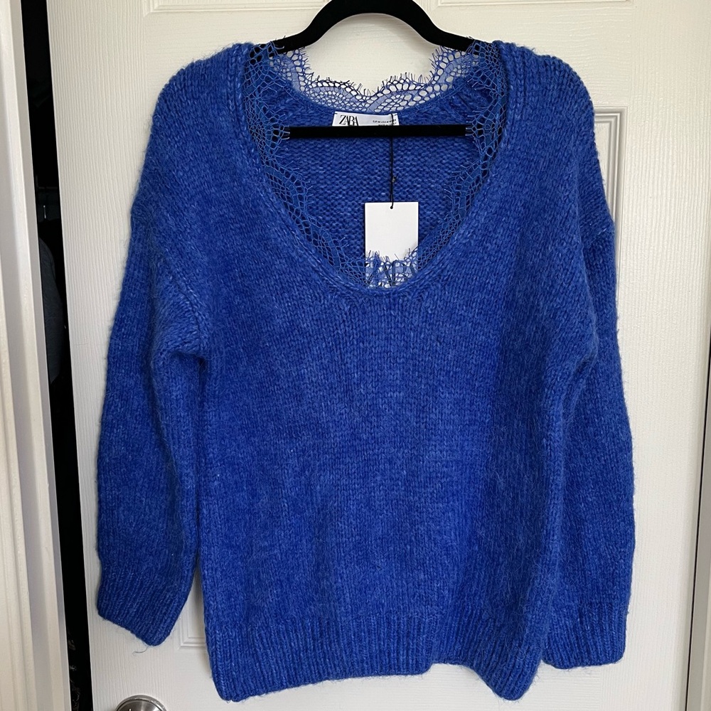 Zara NWT Lace Knit Blue Sweater - Size Medium